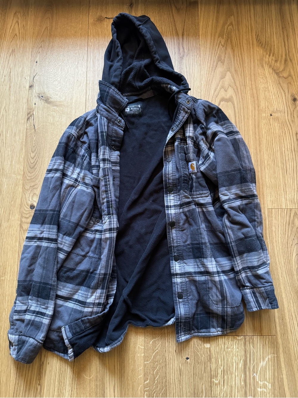 Carhartt Men’s Black & Gray Plaid Hooded Fleece lined Jacket